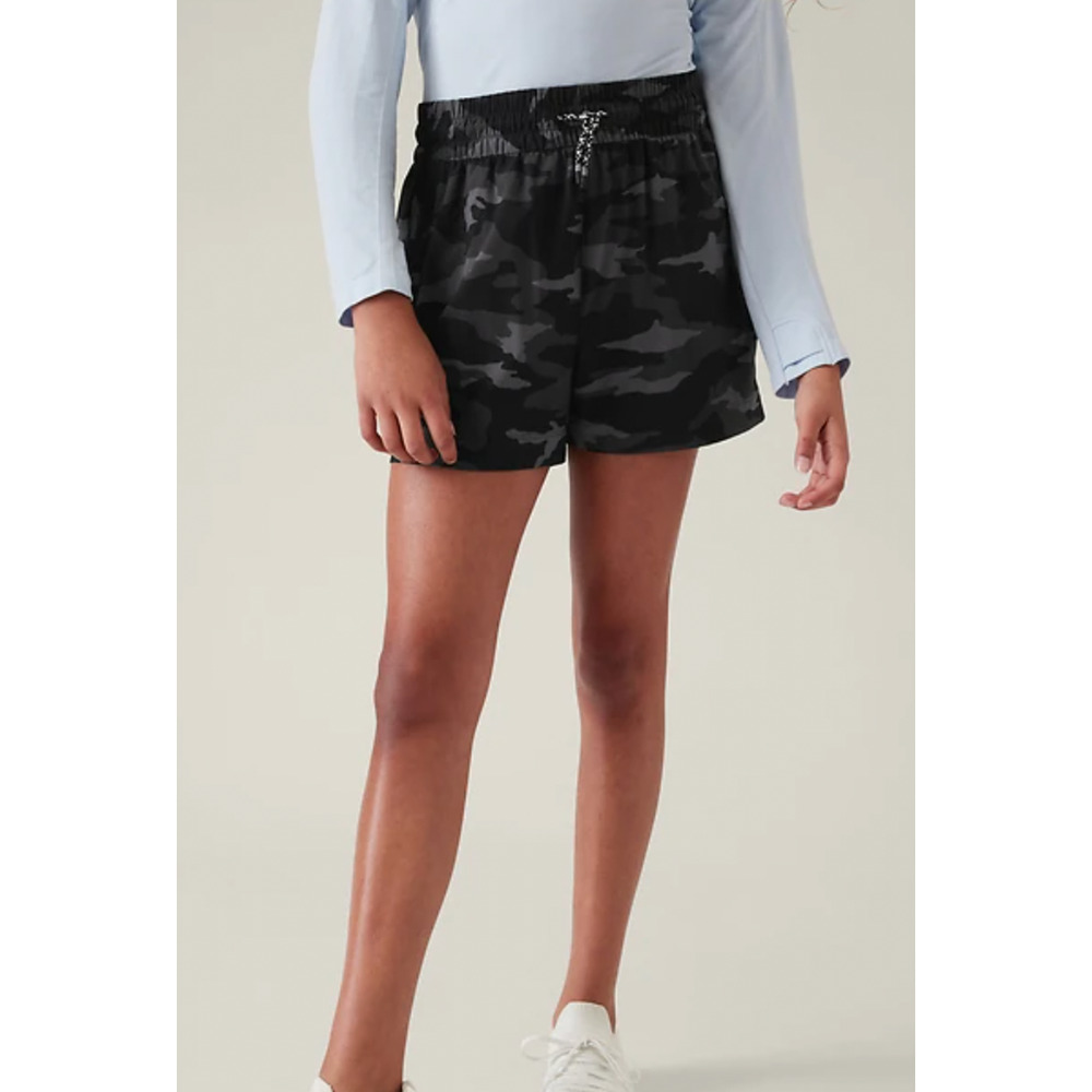 Athleta Girl Play More 3" Shorts L 12 Black Gray Pockets Zip Drawstring Logo
